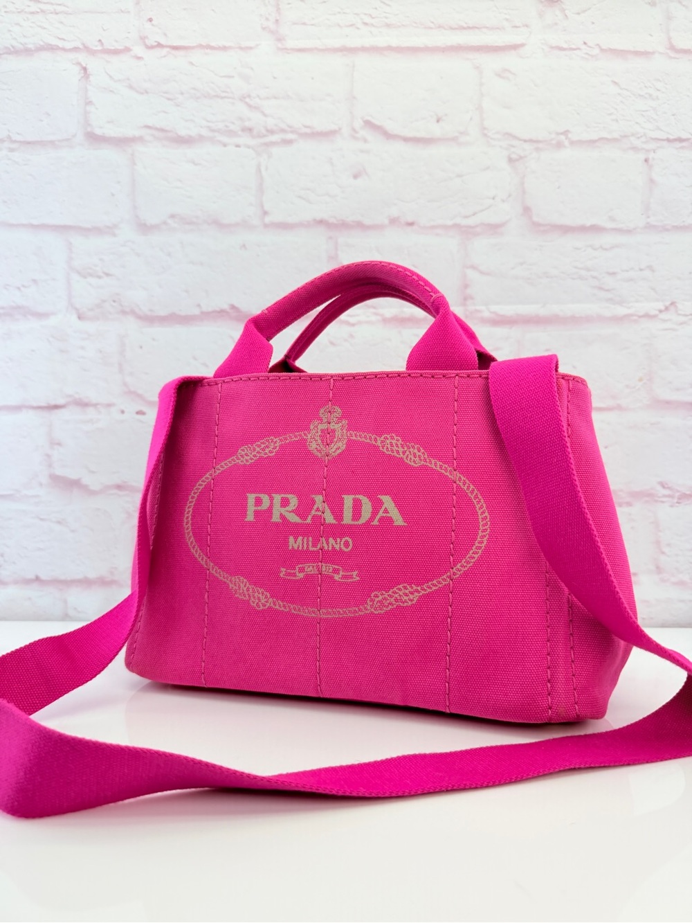 Prada Canapa Canvas Logo Small Top Handle Crossbody Pink